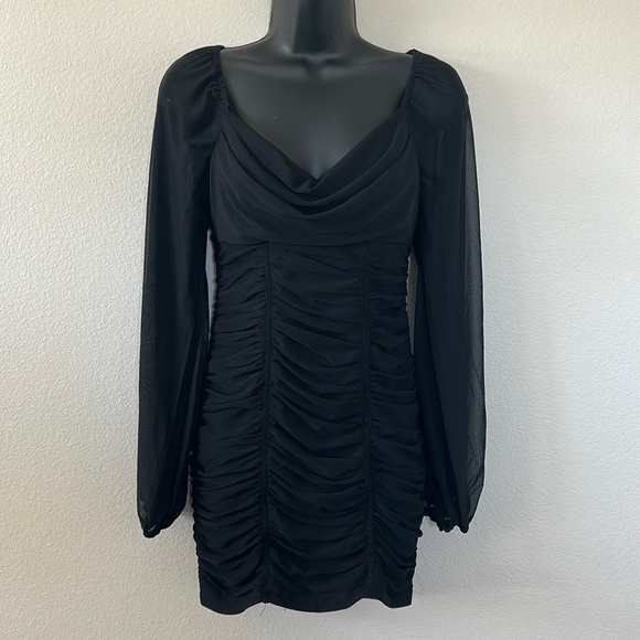 Princess Polly Everly Black Sheer Balloon Sleeve Ruched Cowl Neck Mini Dress - Picture 3 of 11